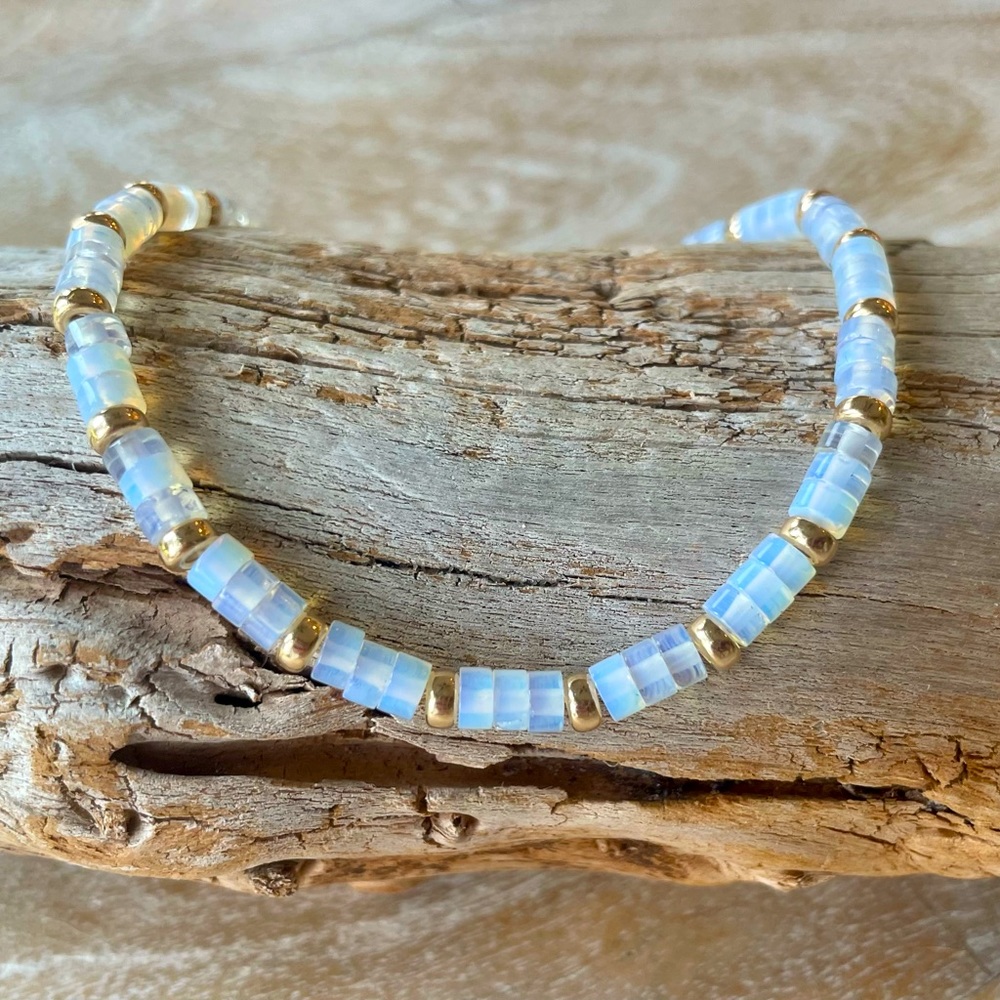 Opalite 4 mm heishi bead anklet with 14k gold filled rondelle beads
